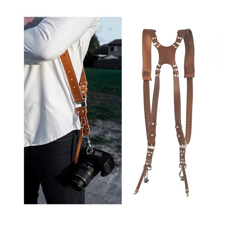 Correa doble de cuero para camara DLSR color marron