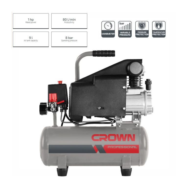 COMPRESORA DE AIRE 9L 8BAR 80 L/MIN INDUSTRIAL - CT36046