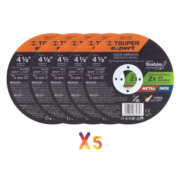 Disco de corte 4-1/2" x 1 mm corte fino Pack 5 unidades, Expert