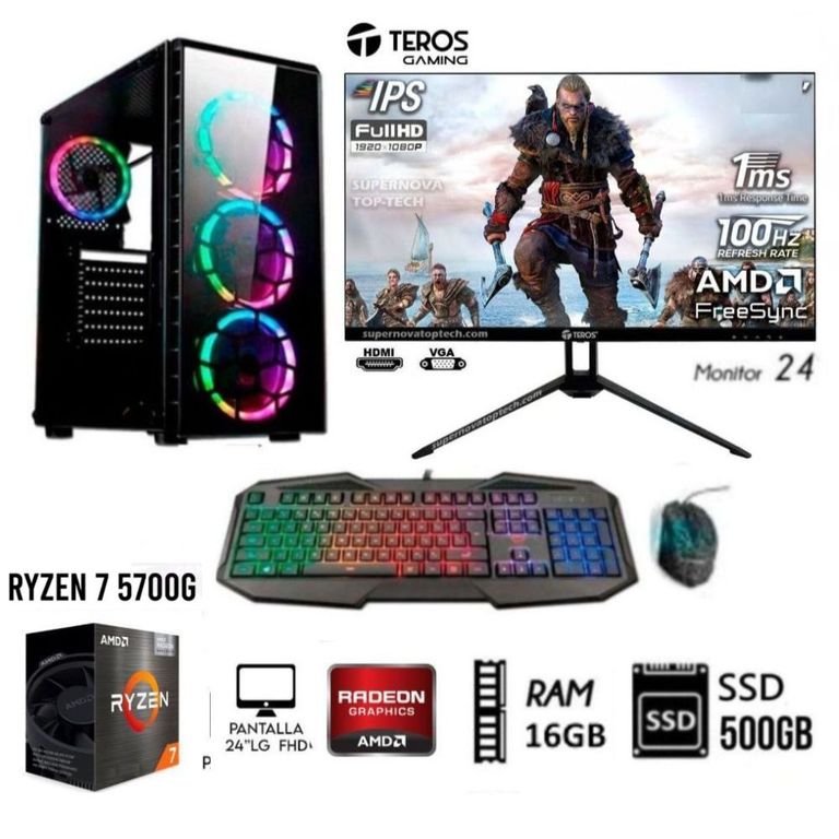 COMPUTADORA PC GAMER RYZEN 7 5700G RAM 16GB+Disco Solido SSD 500GB+MONITOR 24FHD