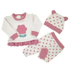 GENERICO - Conjunto Jacquard Flor - 3 piezas - Crema-Palo Rosa - Talla 0