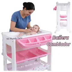EBABY - Bañera de Bebe con Organizador y Cambiador Rosa 3 Niveles