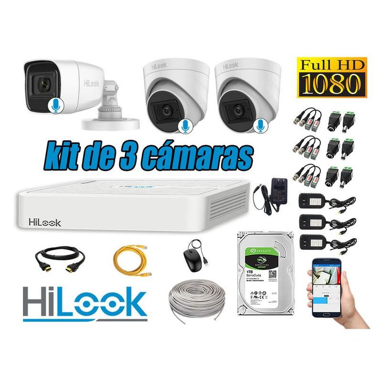 KIT 3 CÁMARAS SEGURIDAD FULL HD 3 CAMARA AUDIO INCORPORADO + DISCO 1TB