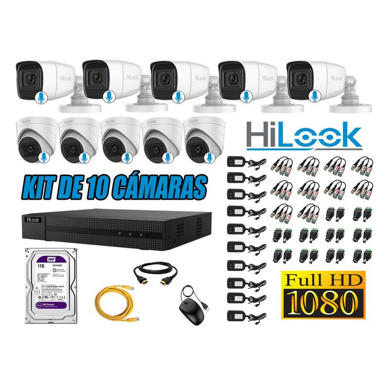 KIT 10 CÁMARAS SEGURIDAD AUDIO INCORPORADO FULL HD 1080P + DISCO 1TB