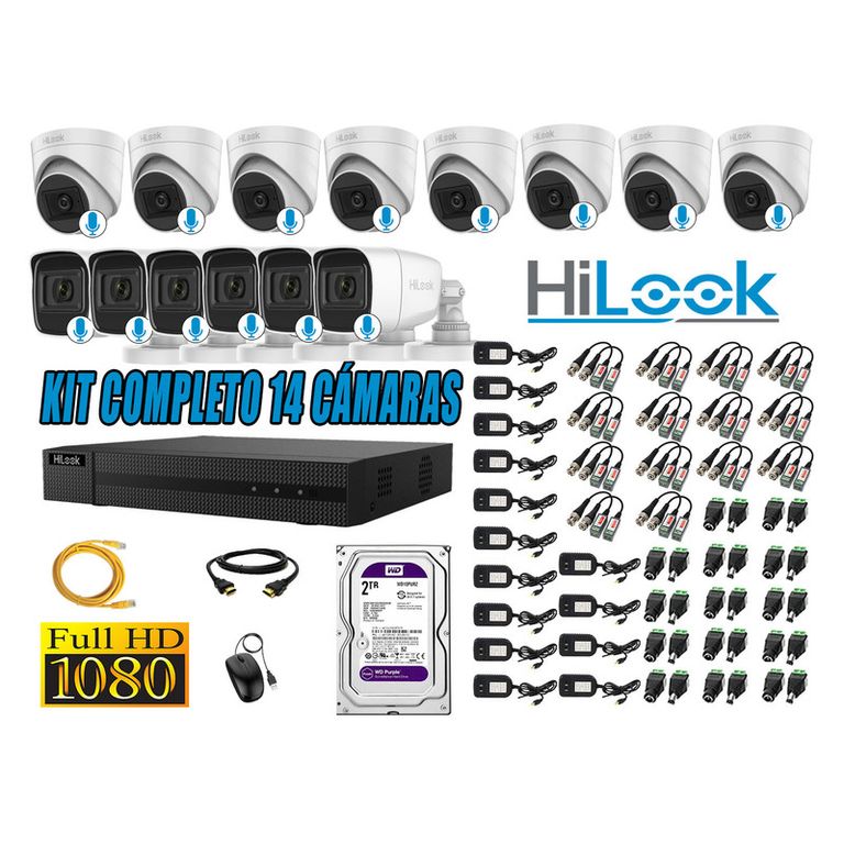 KIT 14 CÁMARAS SEGURIDAD AUDIO INCORPORADO FULL HD 1080P + DISCO 2TB
