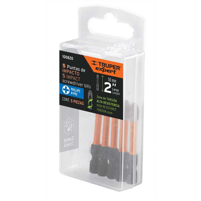 Estuche con 5 puntas de cruz ph2 de impacto largo 2"