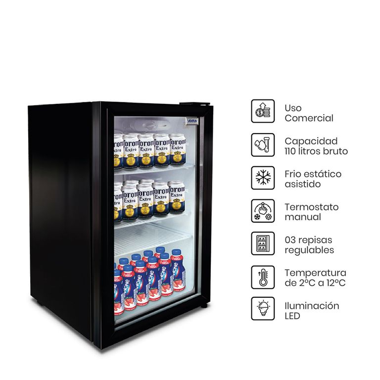 Visicooler 1 Puerta LED 110L - Frío estático asistido - Doble vidrio - Negro - LG-100