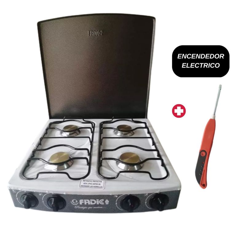 COCINA DE MESA 4 HORNILLAS CON TAPA JAZMIN 20" y ENCENDEDOR DE COCINA