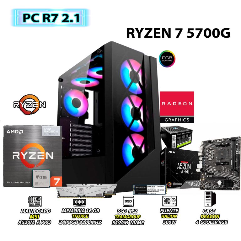 Computadora PC Ryzen 7 5700G RAM 16GB SSD 500GB CON GRAFICOS RADEON