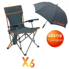 TRUPER - Combo 6 Sillas de playa plegables camping y 1 Paragua