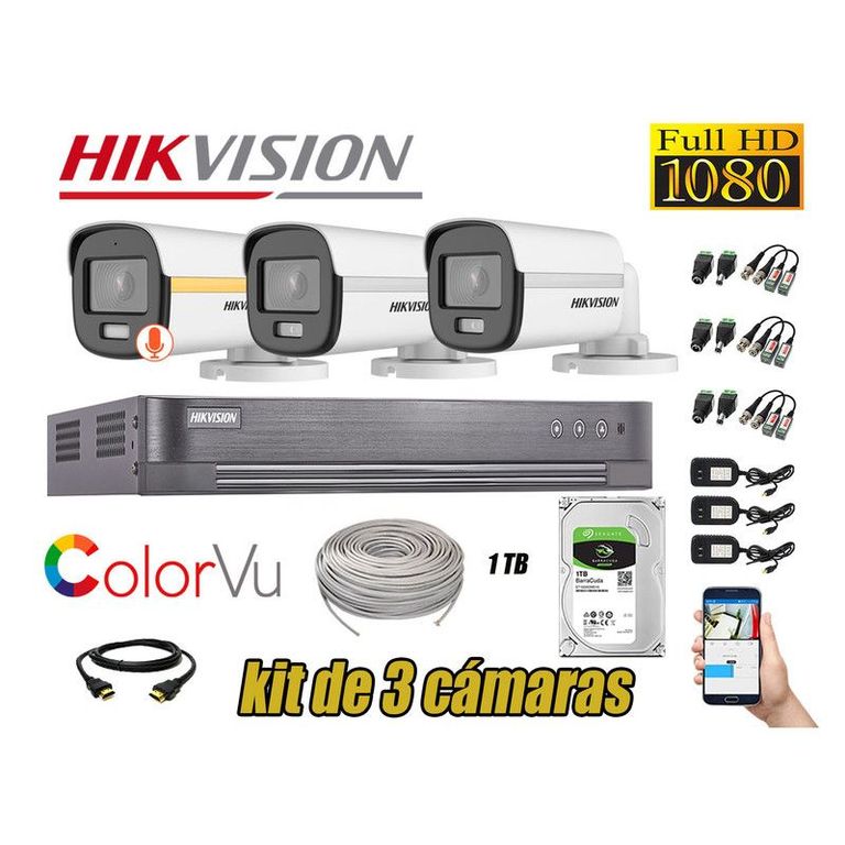 CÁMARAS SEGURIDAD EXTERIOR TUBO KIT 3 1080P COLORVU NOCHE COLOR