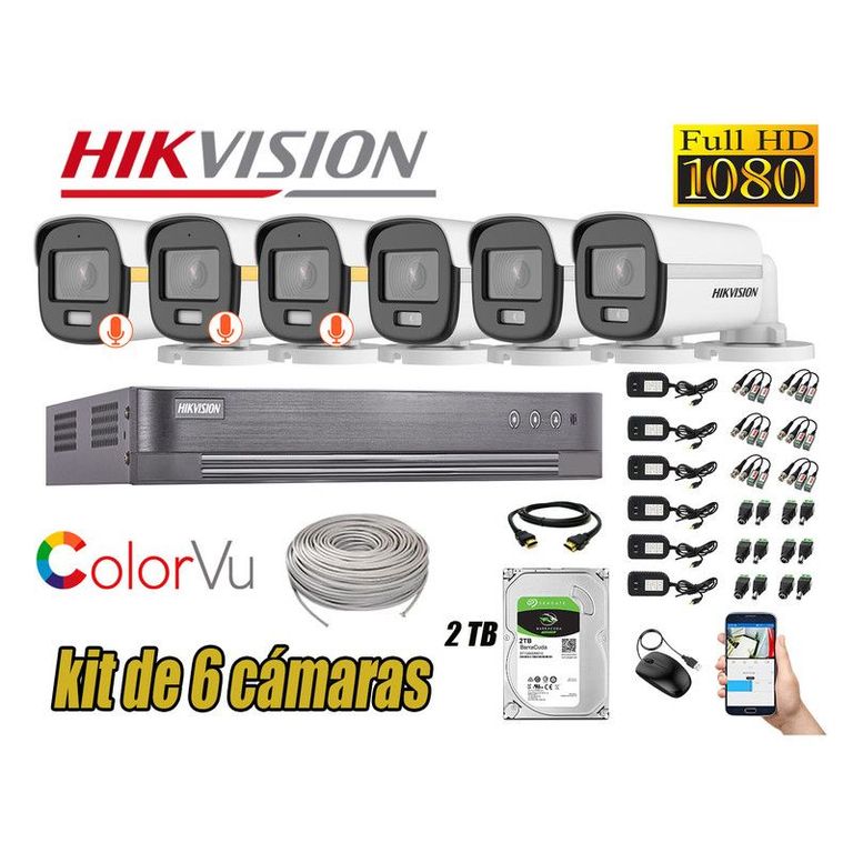CÁMARAS SEGURIDAD EXTERIOR TUBO KIT 6 1080P COLORVU NOCHE COLOR