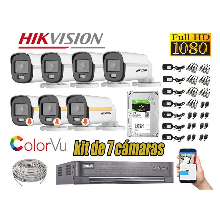 CÁMARAS SEGURIDAD EXTERIOR TUBO KIT 7 1080P COLORVU NOCHE COLOR