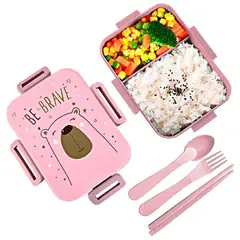 MINARI - Lonchera Bento Táper de Comida 2 Divisiones + Cubiertos Rosa 44T