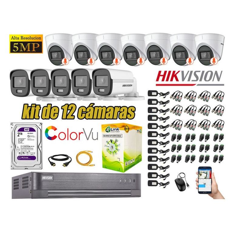 CÁMARAS SEGURIDAD KIT 12 5MP DISCO 2TB COLORVU VISION COLOR