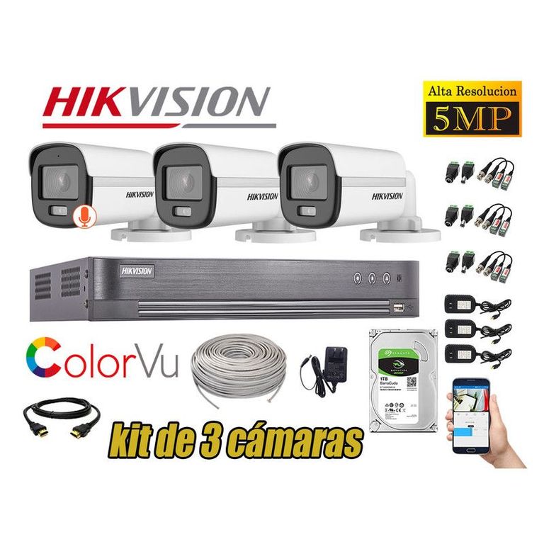 CÁMARAS SEGURIDAD EXTERIOR KIT 3 5MP + DISCO 1TB COLORVU