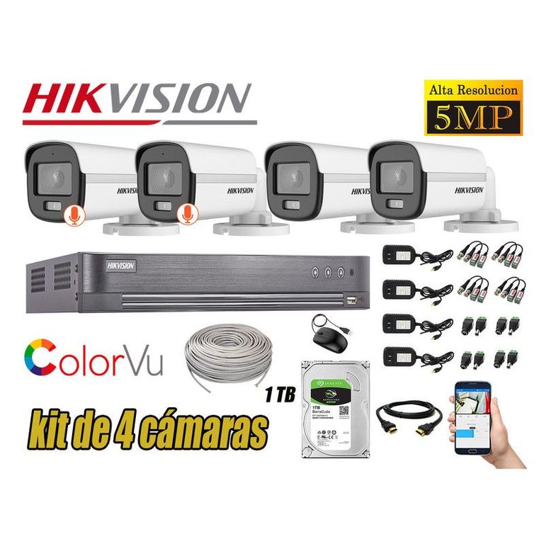 CÁMARAS SEGURIDAD EXTERIOR KIT 4 5MP + DISCO 1TB COLORVU