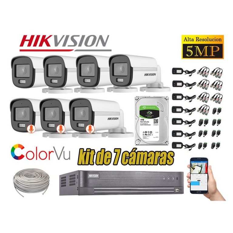 CÁMARAS SEGURIDAD EXTERIOR KIT 7 5MP + DISCO 1TB COLORVU