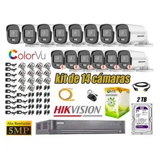 HIKVISION - CÁMARAS SEGURIDAD EXTERIOR KIT 14 5MP + DISCO 2TB COLORVU