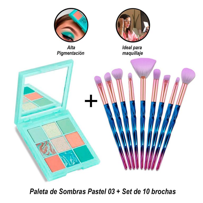 Set de 10 brochas + Paleta de Sombras Pastel 03.