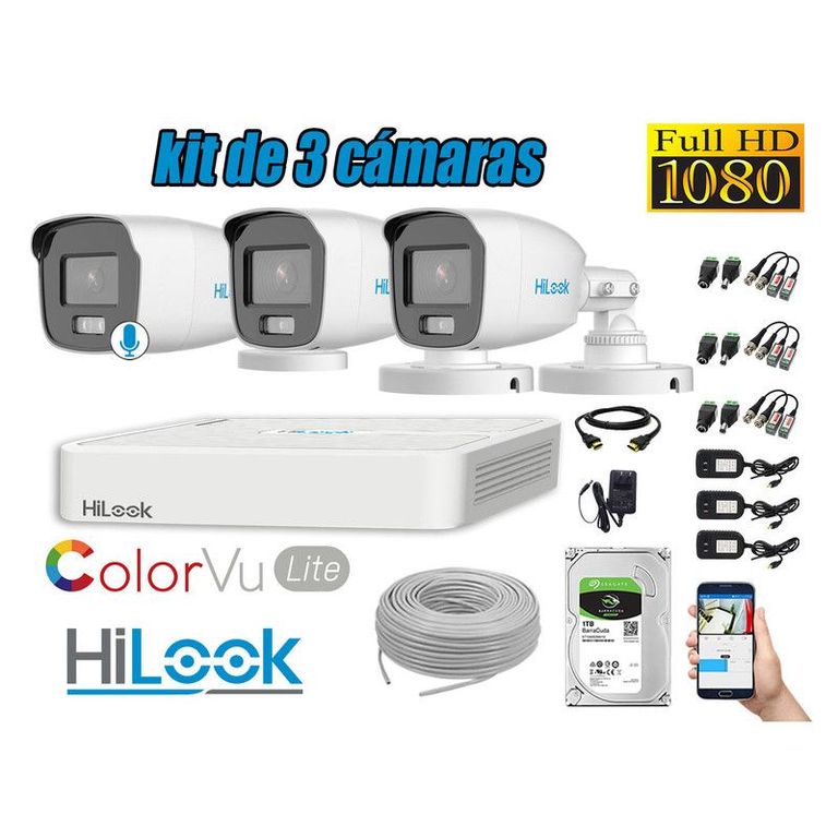 CÁMARAS SEGURIDAD EXTERIOR KIT 3 1080P COLORVU LITE NOCHE COLOR