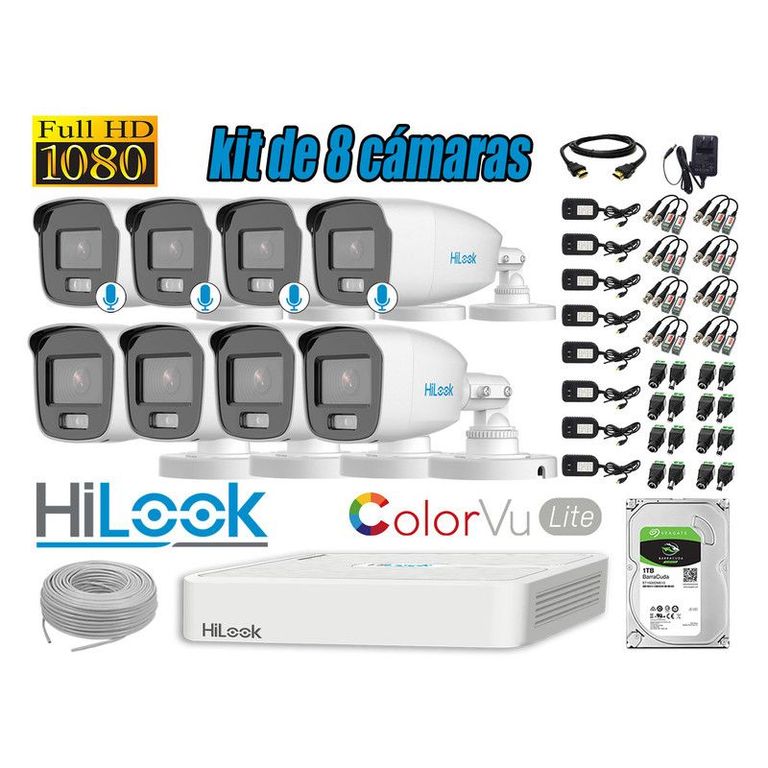 CÁMARAS SEGURIDAD EXTERIOR KIT 8 1080P COLORVU LITE NOCHE COLOR