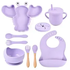 OEM - Platos para bebes - plato de silicona bebe + babero vaso + cubiertos morado