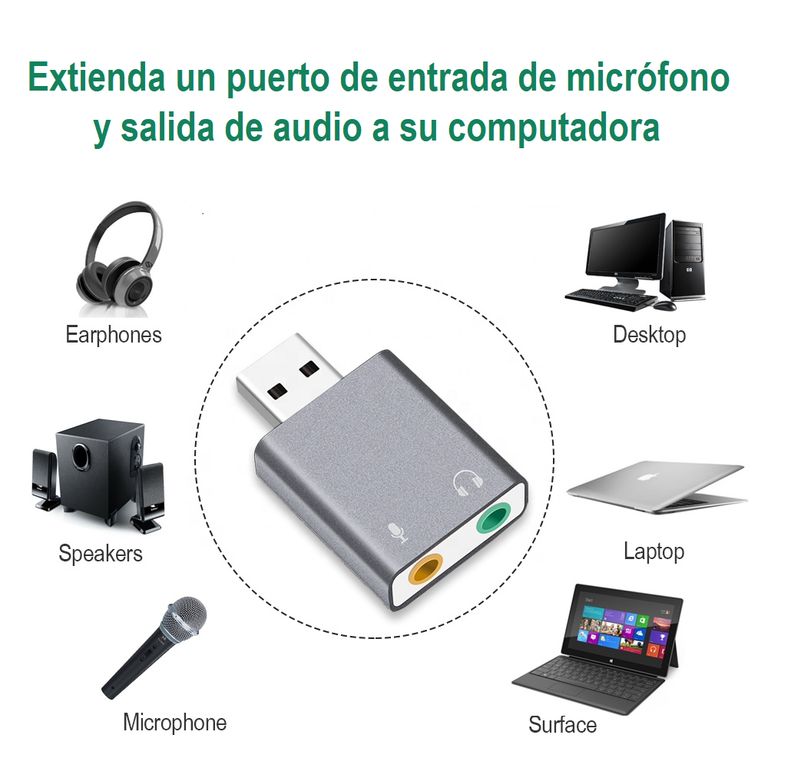 Adaptador de Audio y Microfono USB Tarjeta de sonido estereo- ALUMINIO