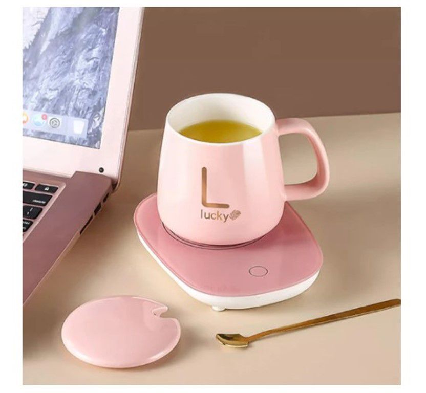 Taza calentador electrico con caja cucharita dorada