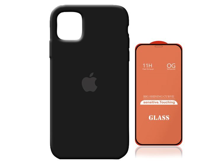 Case Silicona Iphone 11 Negro + Mica De Vidrio Completo