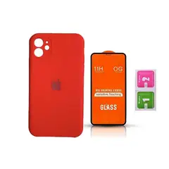 GENERICO - Case Silicona Con P/Cámara Iphone 11 Rojo + Mica De Vidrio Completo