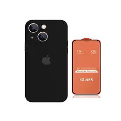 GENERICO - Case Silicona Con P/Cámara Iphone 13 Negro + Mica De Vidrio Completo