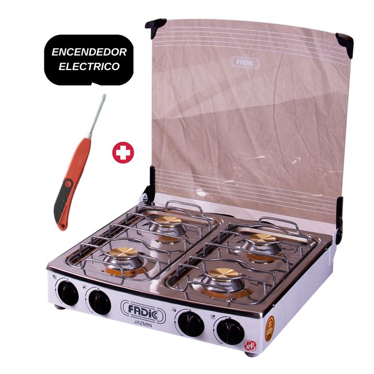 COCINA DE MESA 4 HORNILLAS TOTAL ACERO INOX TAPA DE VIDRIO JAZMIN 20" + Encendedor de Cocina