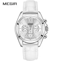 MEGIR - Reloj Acero Plateado y Cuero Blanco MEG-M-3