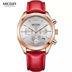 MEGIR - Reloj Acero Oro Rosa y Cuero Rojo MEG-M-1