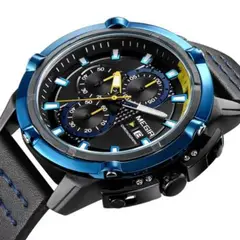 MEGIR - Reloj Acero Negro Azul y Cuero Negro MEG-40