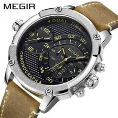 MEGIR - Reloj Acero Plateado y Cuero Marrón MEG-37