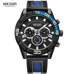 MEGIR - Reloj Acero Negro y Cuero Negro Azul MEG-31