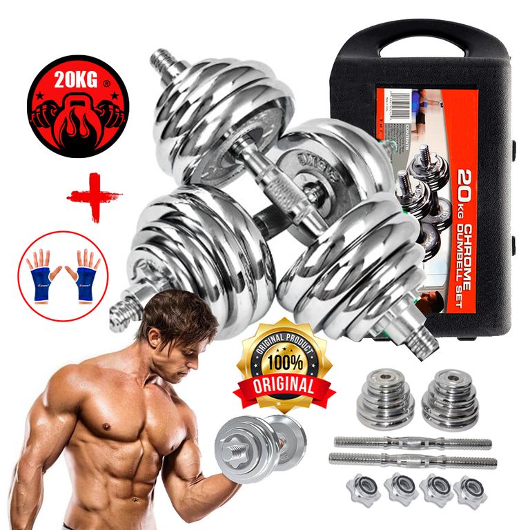 Set De 20 Kg Pesas Y Mancuernas Cromadas + Maletin + guantes