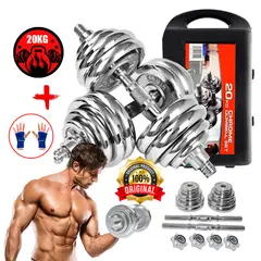 HOLGU - Set De 20 Kg Pesas Y Mancuernas Cromadas + Maletin + guantes