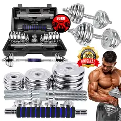 GENERICO - Set De Pesas 30 Kg Cromado Barra De Acople + Guantes