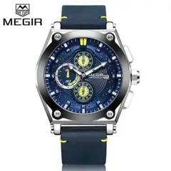 MEGIR - Reloj Acero Plateado y Cuero Azul MEG-26