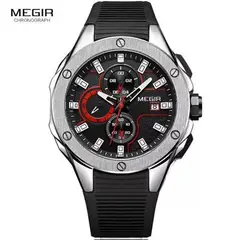 MEGIR - Reloj Acero Plateado y Silicona Negro MEG-14