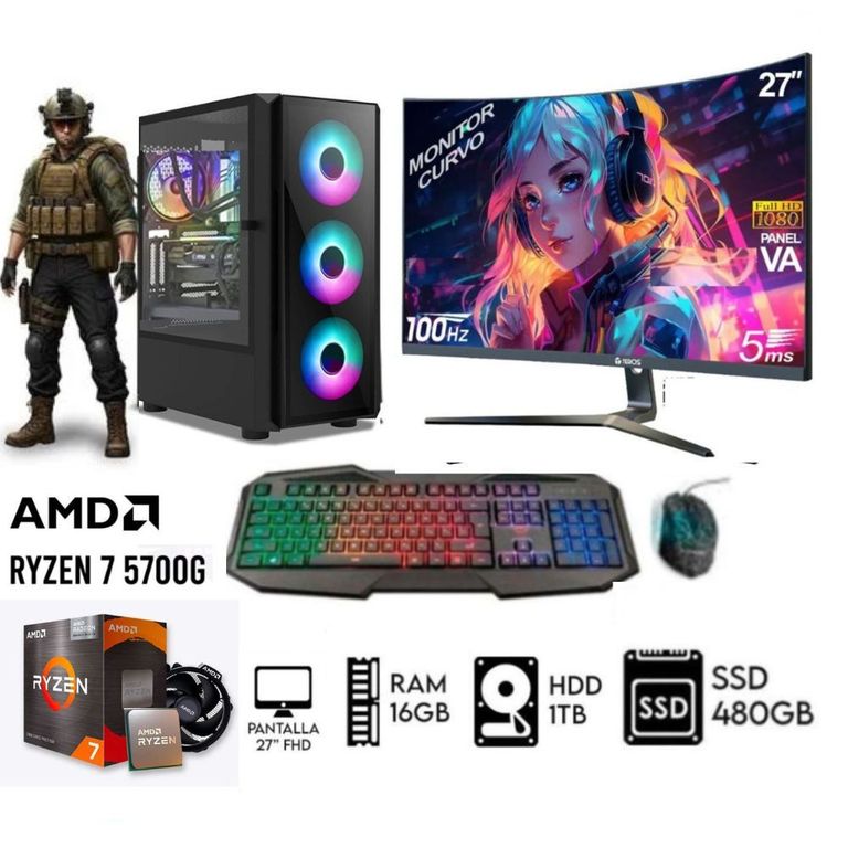 Computadora PC GAMER RYZEN 7-5700G RAM 16GB DISCO 1TB+SSD 480GB MONITOR 27” FHD