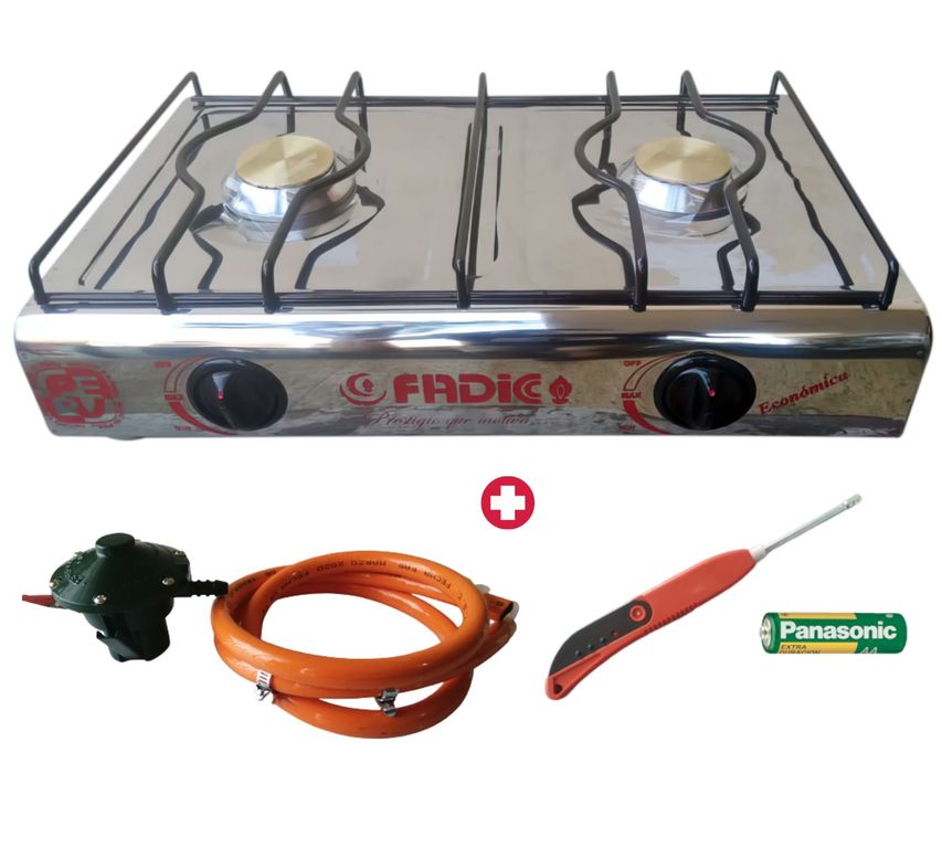 COCINA DE MESA 2 HORNILLAS TOTAL ACERO INOX + KIT REGULADOR NORMAL + ENCENDEDOR DE COCINA