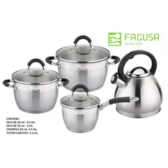 FACUSA - Juego de Ollas y Tetera de Acero Inoxidable 8 Piezas -Facusa