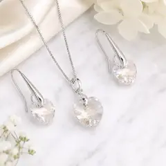 SIFRAH SHOP - Set de Collar y Aretes de Plata 925 para Mujer con Corazón Cristal Blanco Joyeria Fina para Regalo
