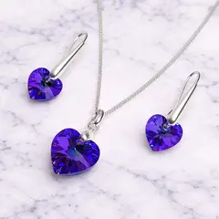 SIFRAH SHOP - Set Collar y Aretes de Plata con Cristal Corazón Morado - Joya Elegante para Regalo Especial