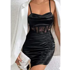 GENERICO - Vestido corto coctel satin con encaje para mujer color negro