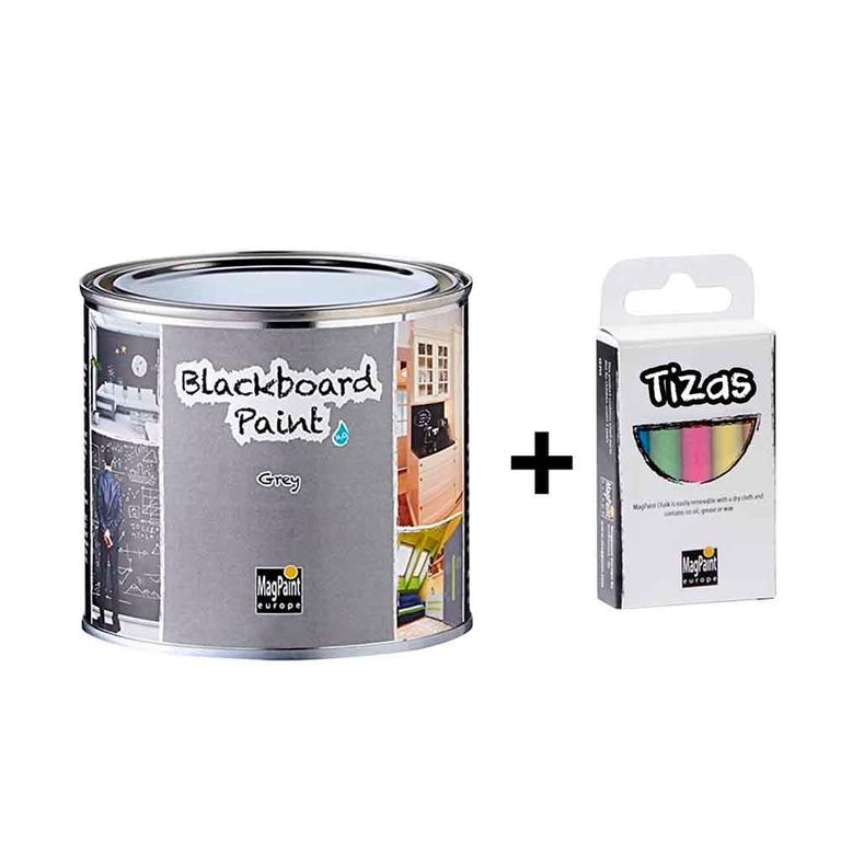 Pintura pizarra para tiza 500ml Gris + 1 Caja de Blackboard Chalks